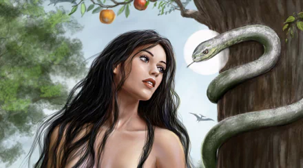 Fantasy HD desktop wallpaper featuring a woman with flowing dark hair gazing at a serpent coiled around an apple tree branch.