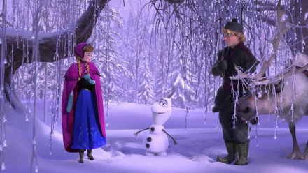 A snowy scene from Frozen featuring Anna in a purple cape, Olaf the snowman, and Kristoff, surrounded by icicles and a winter wonderland backdrop. 