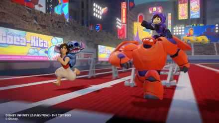 Disney Infinity 2.0 video game scene: Aladdin and Baymax sprint across a neon-lit stadium track, vibrant colors and motion — 4K Ultra HD PC desktop wallpaper and background.