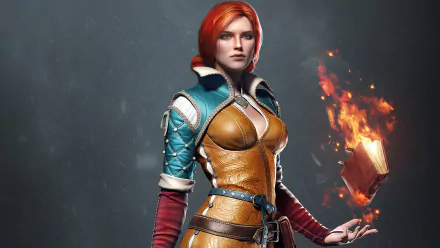 A high-definition desktop wallpaper featuring Triss Merigold from the video game The Witcher 3: Wild Hunt. Triss is seen in detailed attire with a flaming book suspended in her hand.