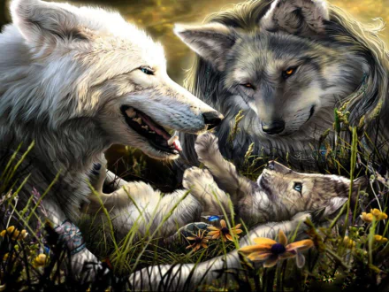 Fantasy-themed HD PC desktop wallpaper featuring a detailed, close-up scene of a wolf family in a natural setting with vibrant grass and flowers.