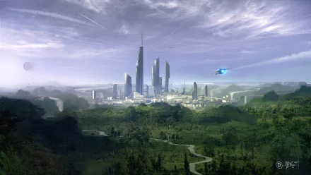 A stunning 4K Ultra HD wallpaper depicting a futuristic cityscape from the video game Star Citizen, surrounded by lush greenery and a dramatic sky.