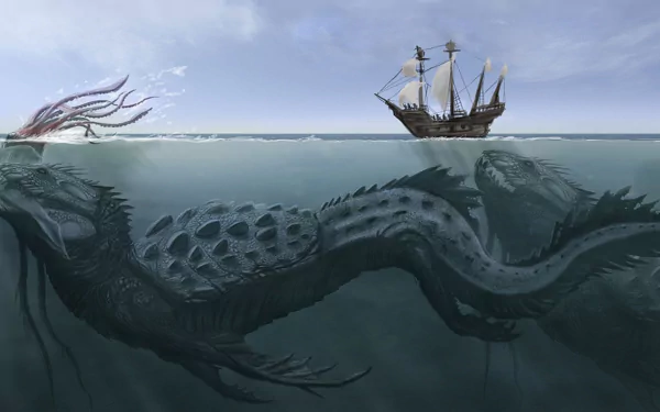 Fantasy HD PC desktop wallpaper background: a massive sea monster's serpentine body coils beneath the waves while a lone sailing ship drifts above.