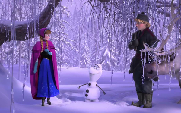 A snowy scene from Frozen featuring Anna in a purple cape, Olaf the snowman, and Kristoff, surrounded by icicles and a winter wonderland backdrop. 