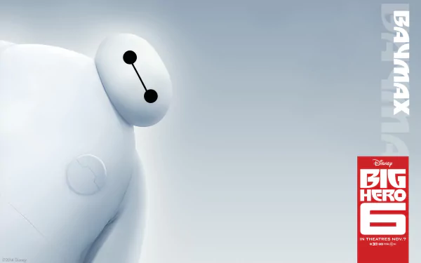 HD desktop wallpaper featuring Baymax from the movie Big Hero 6. Baymax is shown against a light gradient background with the movie logo in the bottom right corner.