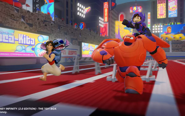 Disney Infinity 2.0 video game scene: Aladdin and Baymax sprint across a neon-lit stadium track, vibrant colors and motion — 4K Ultra HD PC desktop wallpaper and background.