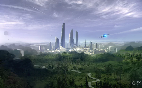 A stunning 4K Ultra HD wallpaper depicting a futuristic cityscape from the video game Star Citizen, surrounded by lush greenery and a dramatic sky.