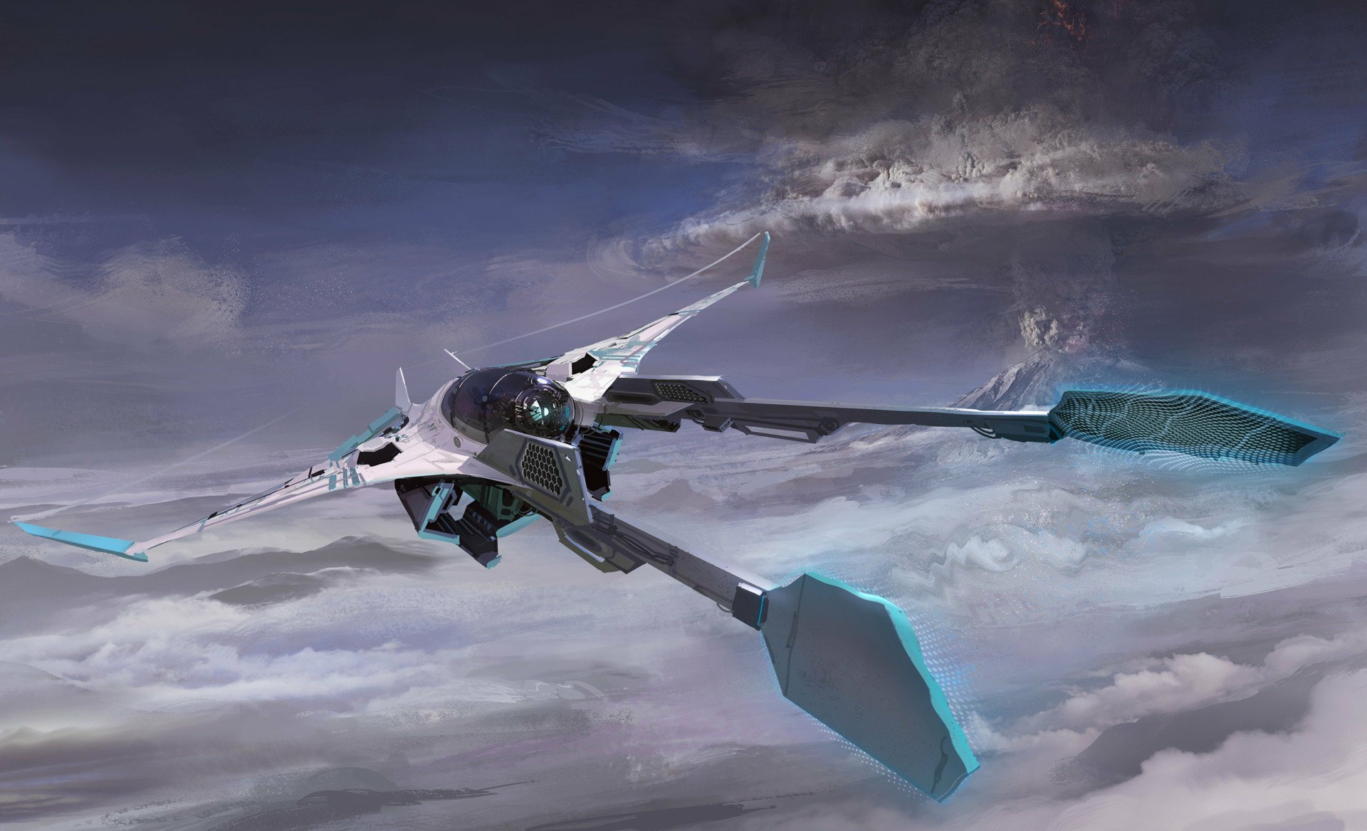HD wallpaper of a futuristic spaceship soaring through cloudy skies.