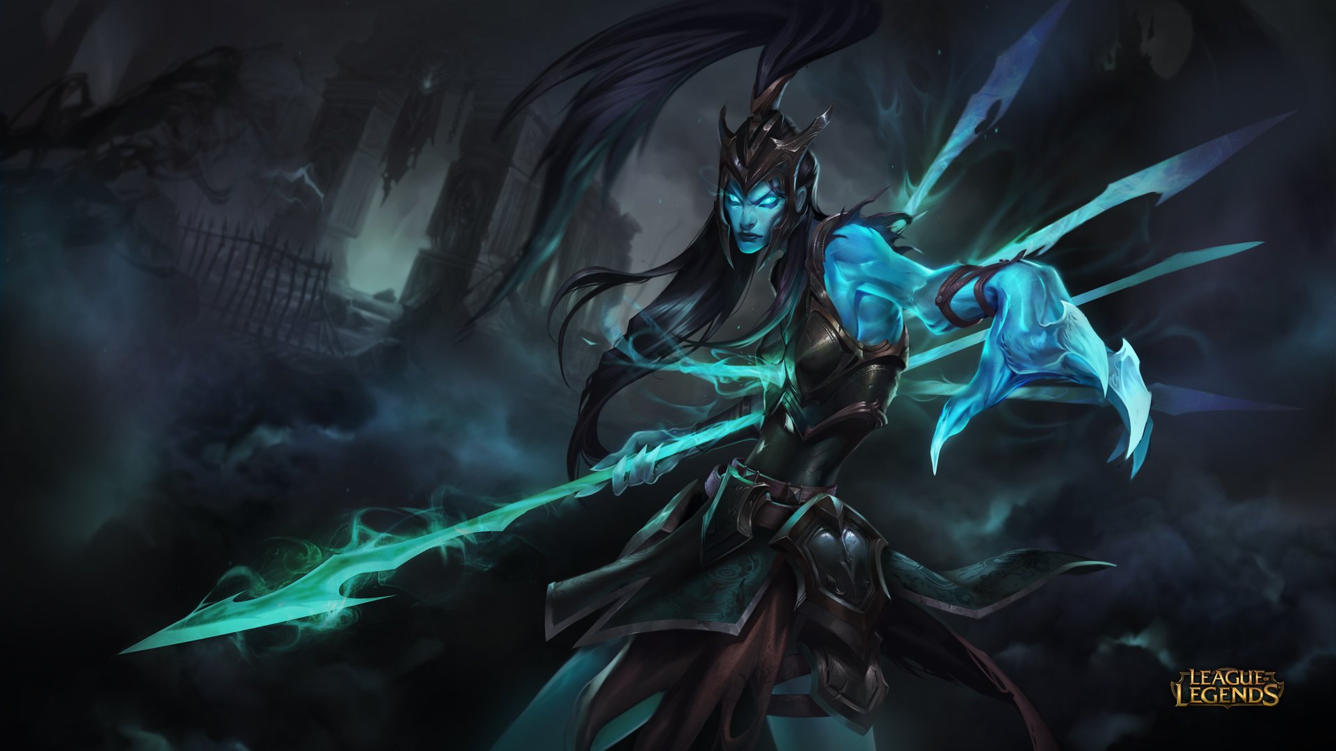 Kalista, a ghostly figure from League of Legends, wields her spear in dark armor against a haunting backdrop, embodying the game's intense battle atmosphere.