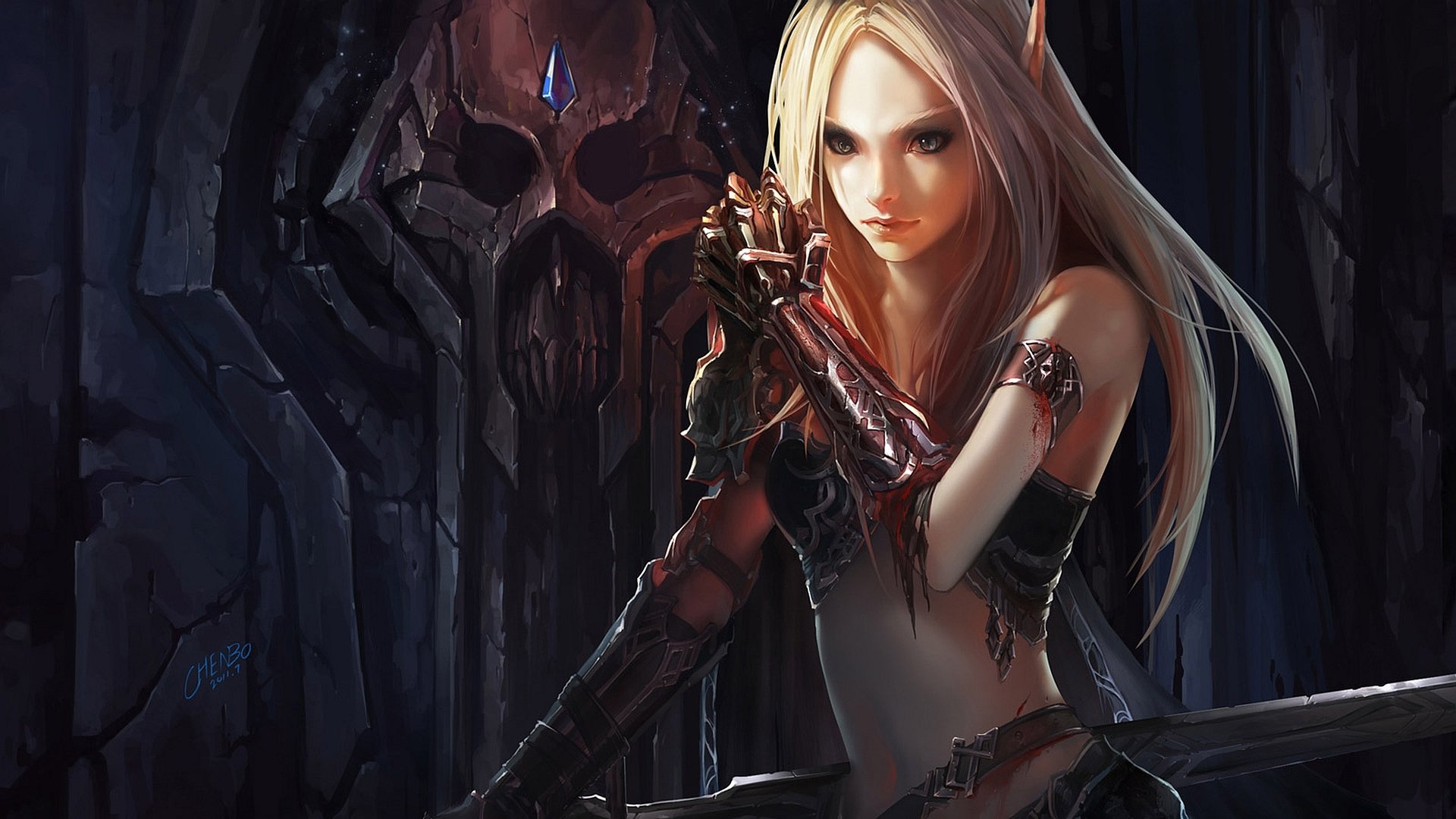 HD World of Warcraft PC desktop wallpaper featuring a fierce, armored female character with long blonde hair against a dark, ominous background.