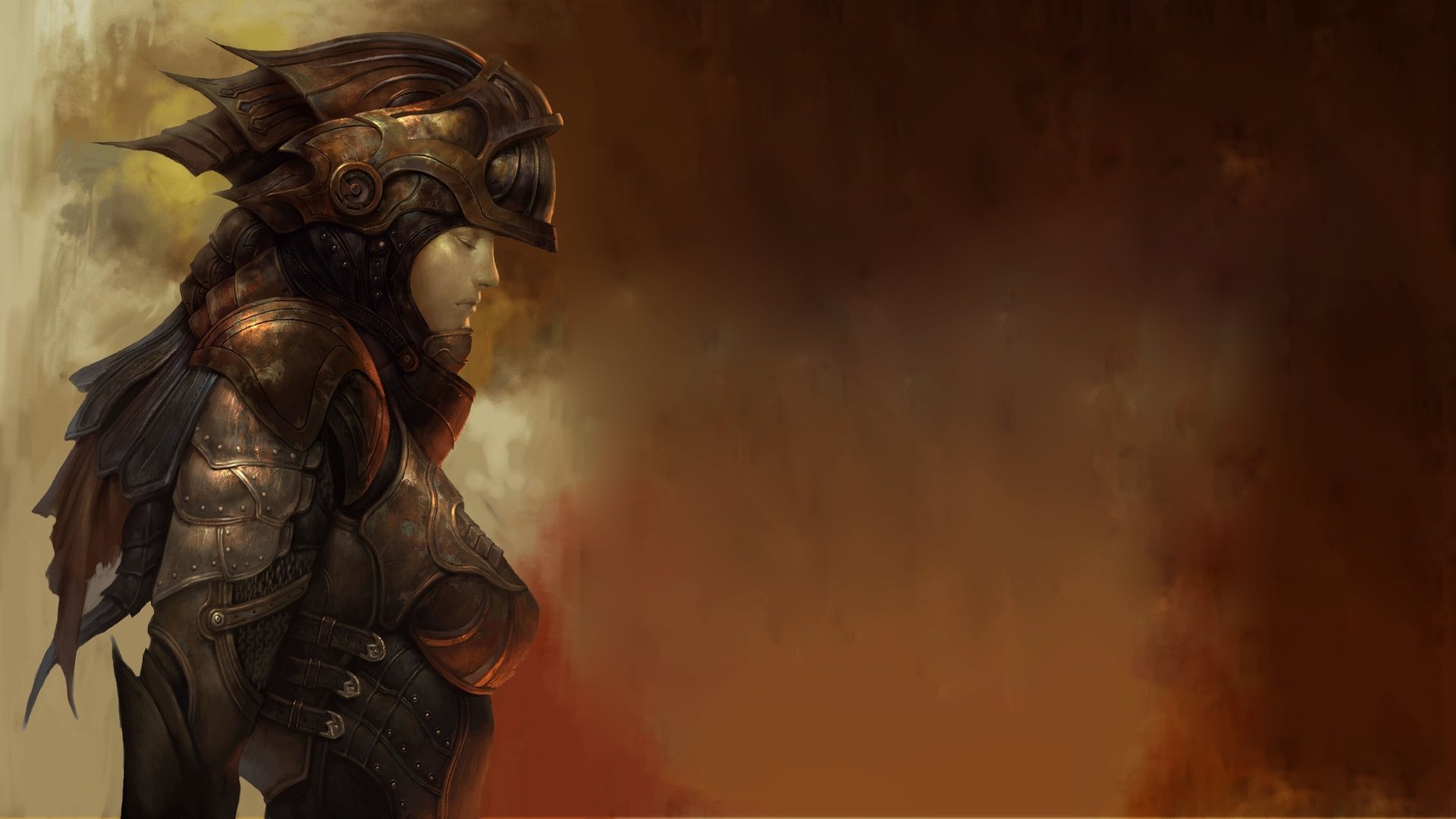 A detailed fantasy warrior stands solemnly, adorned in intricate armor, set against a dramatic backdrop. This captivating 4K Ultra HD desktop wallpaper immerses viewers in a world of adventure.