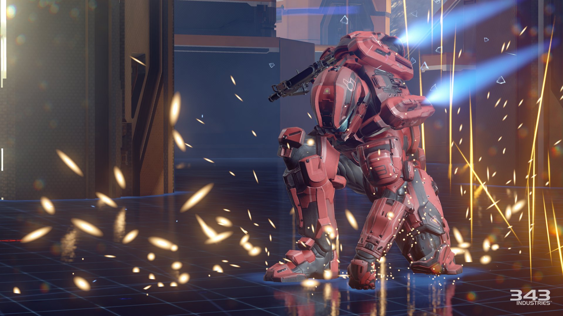 Halo 5: Guardians video game 5K Ultra HD PC wallpaper: red Spartan with a jetpack kneels amid flying sparks and blue thruster trails inside a sleek futuristic interior.