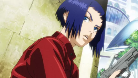 HD wallpaper of a character from Ghost in the Shell Arise, poised with a firearm, against an urban backdrop.
