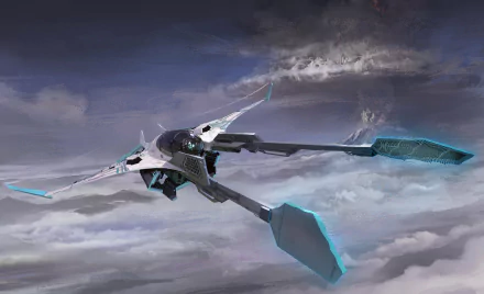 HD wallpaper of a futuristic spaceship soaring through cloudy skies.