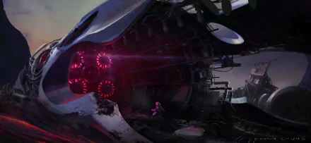 HD desktop wallpaper featuring a detailed spaceship with glowing red engines, set against a moody cosmic backdrop.