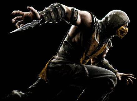 A HD desktop wallpaper of a character from the video game Mortal Kombat X, featuring a warrior in a crouched position with an outstretched arm and blade, set against a dark background.