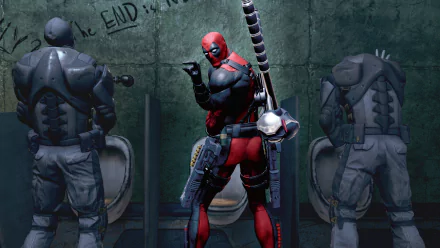 HD desktop wallpaper featuring Deadpool from a video game, stealthily poised with weapons in front of graffiti-marked walls.