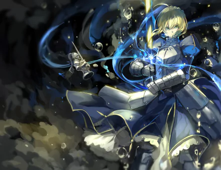HD desktop wallpaper featuring Saber from Fate/Stay Night, wielding a sword surrounded by blue magical energy.