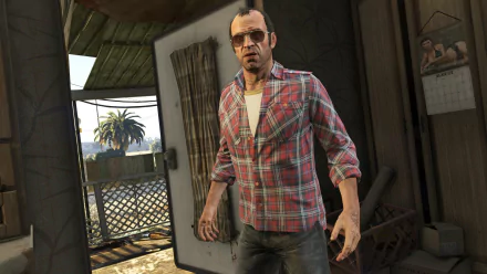 Trevor Philips from Grand Theft Auto V stands in a doorway, dressed in a plaid shirt and sunglasses, set against a vibrant background, capturing the essence of the video game. 