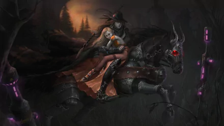HD anime wallpaper featuring Vampire Hunter D riding a dark armored horse with a glowing red eye, carrying a woman in a forested, twilight setting.