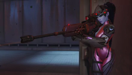 A dynamic HD wallpaper featuring Widowmaker from Overwatch, poised with her sniper rifle, showcasing her sleek design and intense focus in a gaming environment.