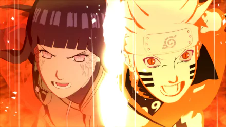 Dynamic HD wallpaper featuring Naruto and Hinata Hyuga from the video game Naruto Shippuden: Ultimate Ninja Storm Revolution, captured in a dramatic face-off.