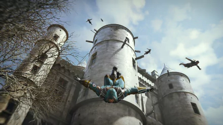 HD desktop wallpaper from Assassin's Creed: Unity, featuring a character performing a leap of faith off a historical tower, surrounded by flying birds.