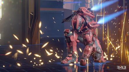 Halo 5: Guardians video game 5K Ultra HD PC wallpaper: red Spartan with a jetpack kneels amid flying sparks and blue thruster trails inside a sleek futuristic interior.