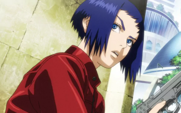 HD wallpaper of a character from Ghost in the Shell Arise, poised with a firearm, against an urban backdrop.