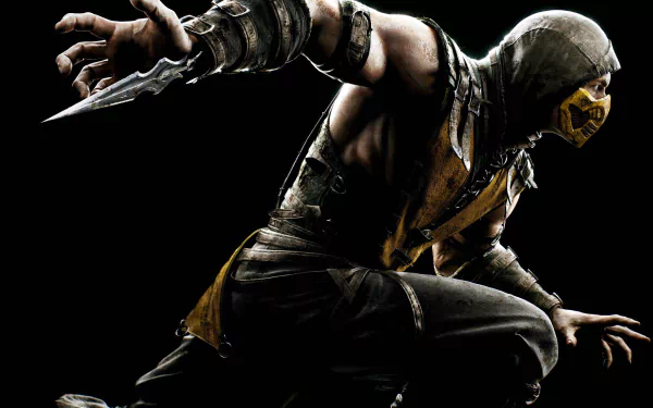 A HD desktop wallpaper of a character from the video game Mortal Kombat X, featuring a warrior in a crouched position with an outstretched arm and blade, set against a dark background.
