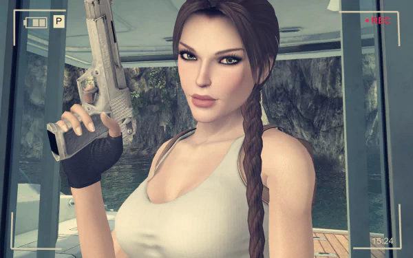 HD PC desktop wallpaper featuring Lara Croft from the video game Tomb Raider: Underworld, holding a gun with a focused expression in a tropical setting.