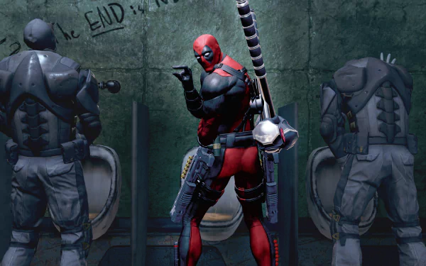 HD desktop wallpaper featuring Deadpool from a video game, stealthily poised with weapons in front of graffiti-marked walls.