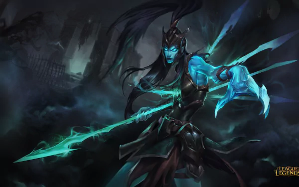 Kalista, a ghostly figure from League of Legends, wields her spear in dark armor against a haunting backdrop, embodying the game's intense battle atmosphere.