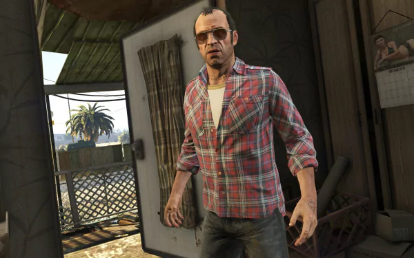 Trevor Philips from Grand Theft Auto V stands in a doorway, dressed in a plaid shirt and sunglasses, set against a vibrant background, capturing the essence of the video game. 