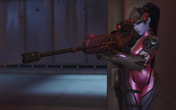 A dynamic HD wallpaper featuring Widowmaker from Overwatch, poised with her sniper rifle, showcasing her sleek design and intense focus in a gaming environment.