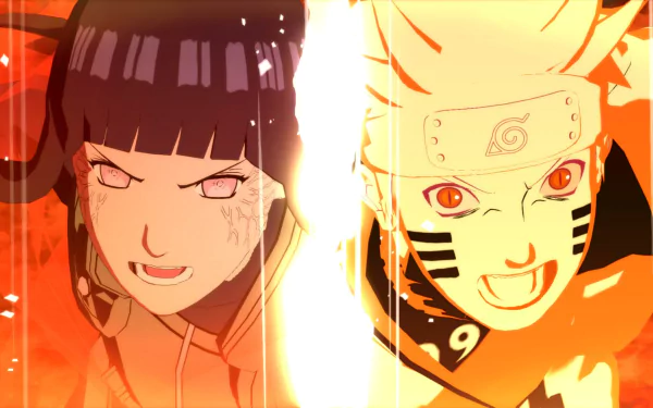 Dynamic HD wallpaper featuring Naruto and Hinata Hyuga from the video game Naruto Shippuden: Ultimate Ninja Storm Revolution, captured in a dramatic face-off.