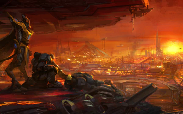 HD PC desktop wallpaper featuring artwork from the StarCraft II: Legacy of the Void video game, showcasing a fiery alien battlefield with characters overlooking a war-torn city.