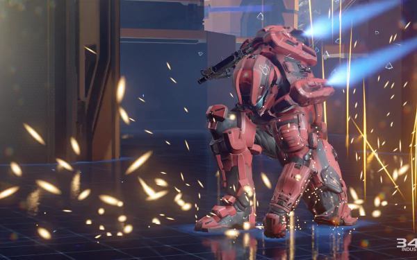 Halo 5: Guardians video game 5K Ultra HD PC wallpaper: red Spartan with a jetpack kneels amid flying sparks and blue thruster trails inside a sleek futuristic interior.