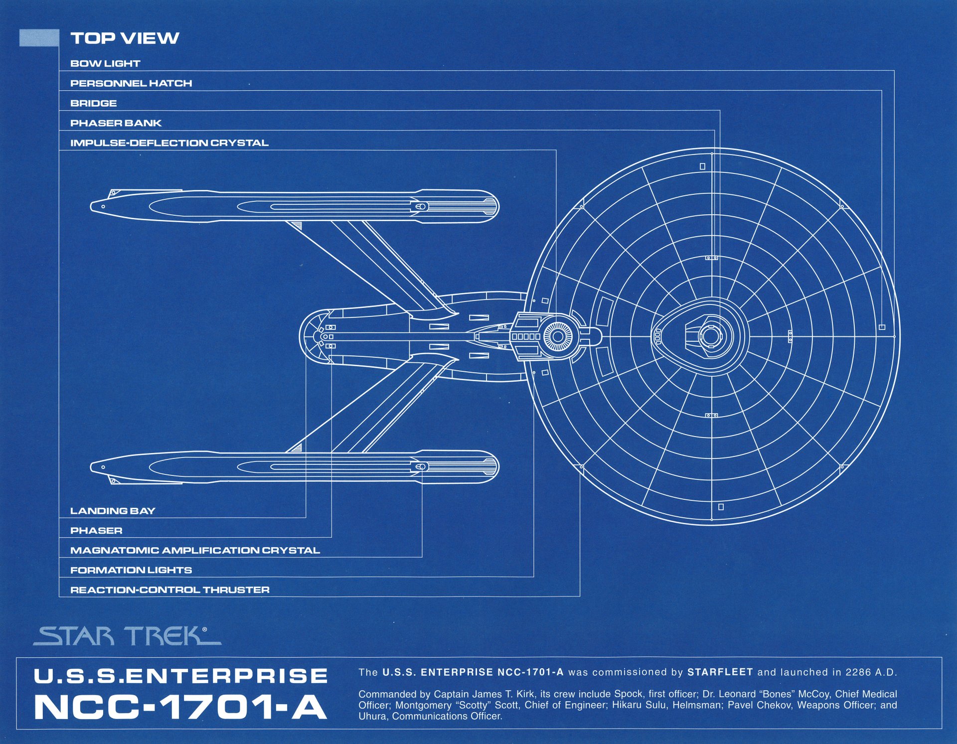 Blueprint-style 4K Ultra HD desktop wallpaper of the Star Trek starship Enterprise, showcasing detailed technical schematics in a sci-fi design.