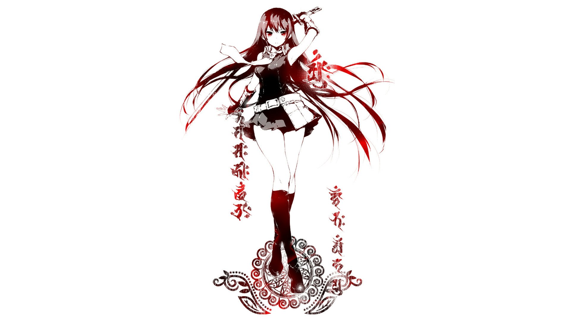 HD desktop wallpaper featuring Akame from Akame Ga Kill! anime, with long black hair, dressed in her signature outfit, and surrounded by stylized red and black designs on a white background.