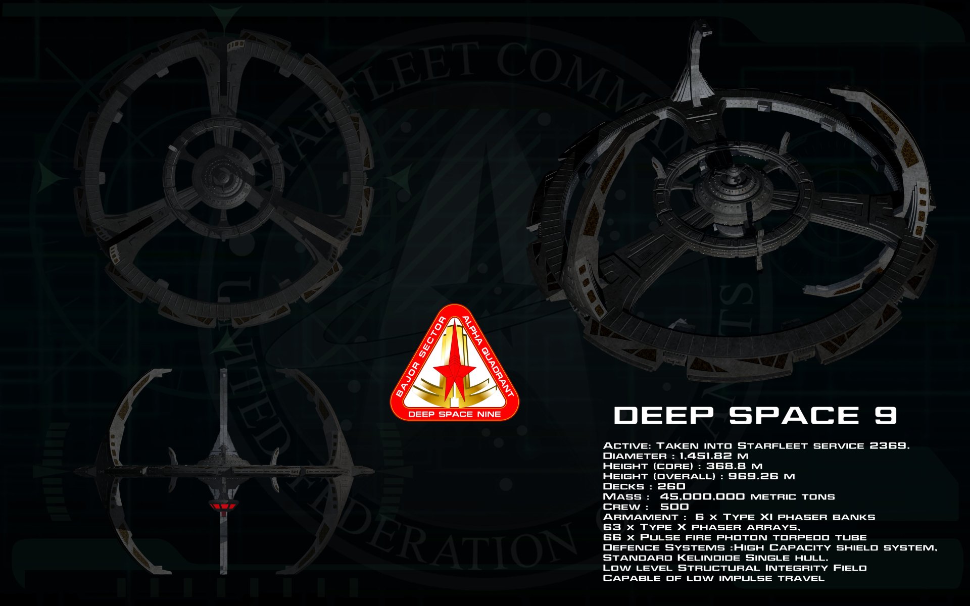 4K Ultra HD PC desktop wallpaper featuring the sci-fi Star Trek Deep Space 9 space station against a dark background with Starfleet insignia and technical details.