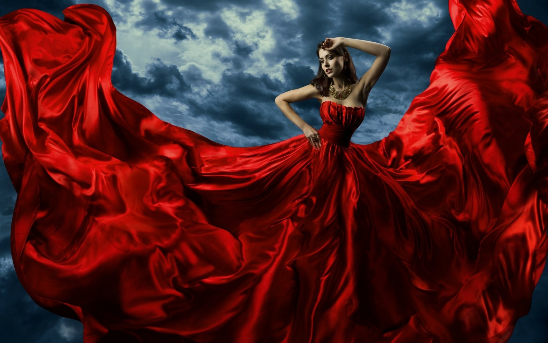 Download Cloud Red Dress Model Woman Artistic HD Wallpaper