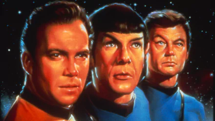 Star Trek: The Original Series 4K Ultra HD PC desktop wallpaper — portrait of three Enterprise officers (Kirk, Spock, McCoy) against a starfield backdrop.