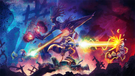 HD PC desktop wallpaper featuring Rocket Raccoon and Groot from Guardians of the Galaxy in a dynamic comic-style battle scene with vibrant cosmic colors.