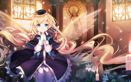 Anime-style Magi in Wanchin Basilica: blonde winged mage kneeling with hands clasped amid stained glass and candles — HD PC desktop wallpaper/background.