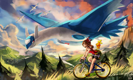 Colorful HD wallpaper featuring May riding a bike with Torchic, while Latios soars above in a vibrant landscape, inspired by Pokémon: Omega Ruby and Alpha Sapphire.