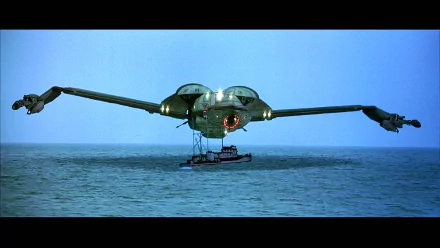 HD PC desktop wallpaper featuring a scene from the movie Star Trek IV: The Voyage Home with a futuristic spacecraft hovering over water.