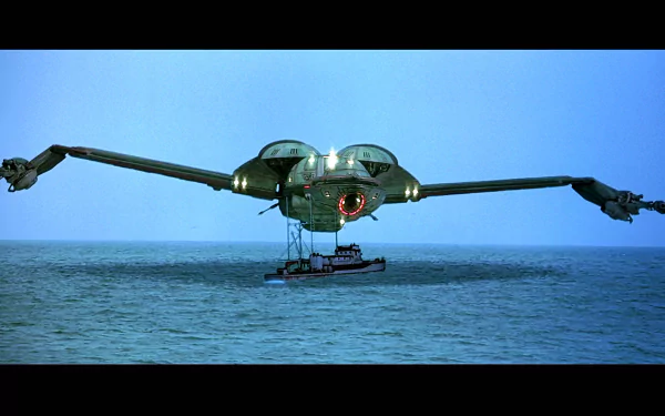 HD PC desktop wallpaper featuring a scene from the movie Star Trek IV: The Voyage Home with a futuristic spacecraft hovering over water.