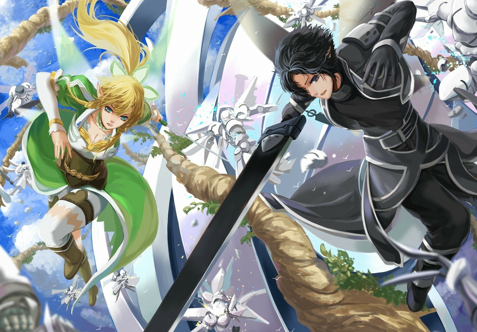 HD desktop wallpaper featuring Leafa and Kirito from Sword Art Online, depicted in dynamic battle poses among swirling cherry blossoms.