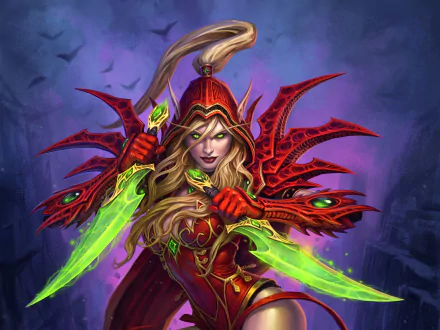 A fierce blonde elf warrior with pointed ears and green eyes wields dual daggers. She wears ornate red armor, embodying the spirit of Hearthstone: Heroes of Warcraft in this striking HD wallpaper.